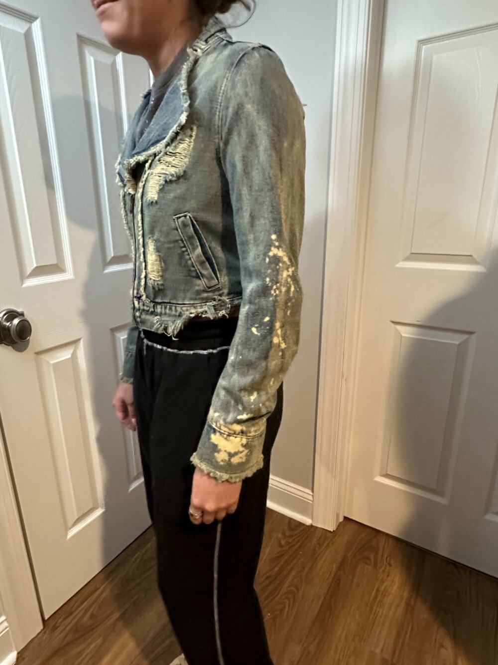 Distressed Cropped Upcycled Rolling Stones Keith Richards Jean Jacket - Picture 7 of 7